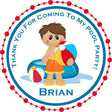 Pool party birthday sticker with boy holding beach ball