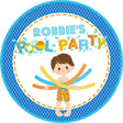 Pool party birthday sticker with boy holding colorful pool noodles