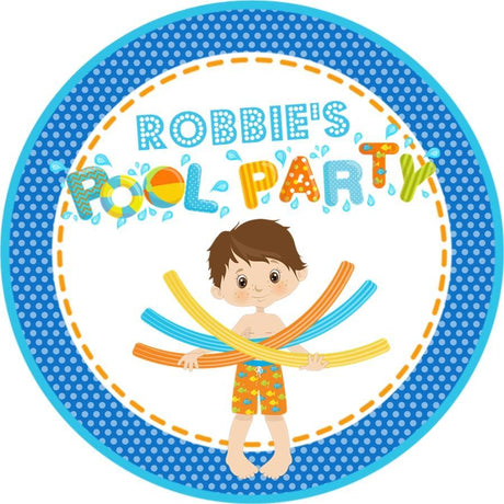 Pool party birthday sticker with boy holding colorful pool noodles