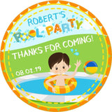 Pool party birthday sticker with boy in swim ring