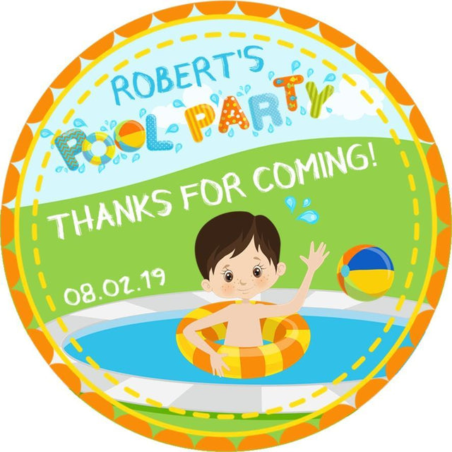 Pool party birthday sticker with boy in swim ring