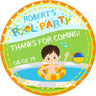 Pool party birthday sticker with boy in swim ring