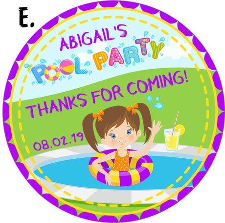 Pool party birthday sticker with girl in swim ring