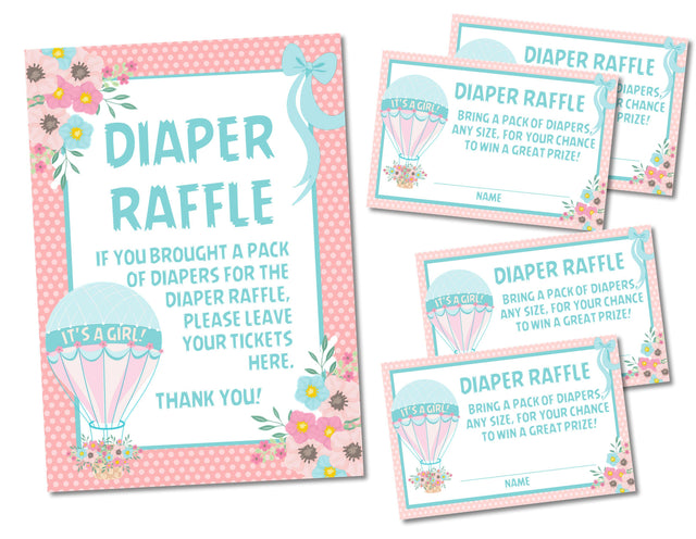 Printable Hot Air Balloon Baby Shower Diaper Raffle Sign and Tickets