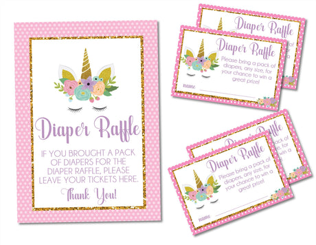 Printable Unicorn Baby Shower Diaper Raffle Sign and Tickets