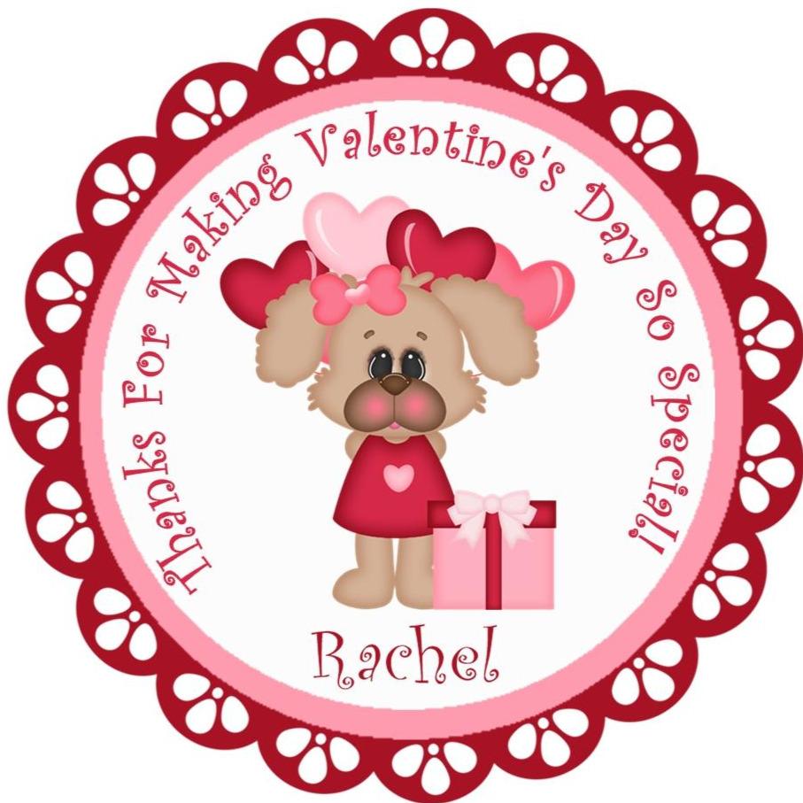 Puppy Valentine sticker with heart balloons and gift