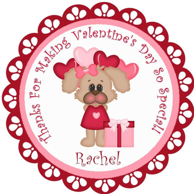 Puppy Valentine sticker with heart balloons and gift