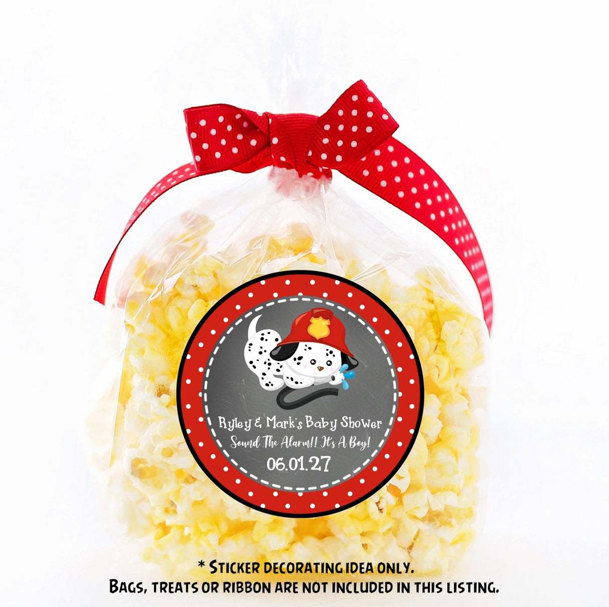 Puppy with fire helmet party favor label