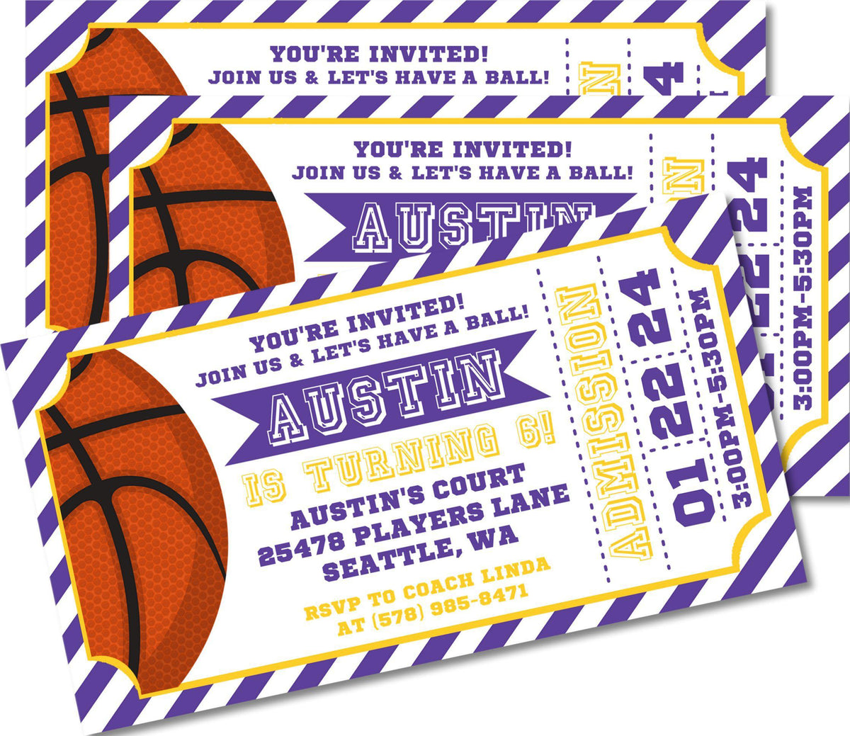 Purple And Gold Basketball Birthday Party Ticket Invitations — Party ...