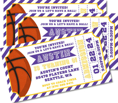 Purple And Gold Basketball Birthday Party Ticket Invitations