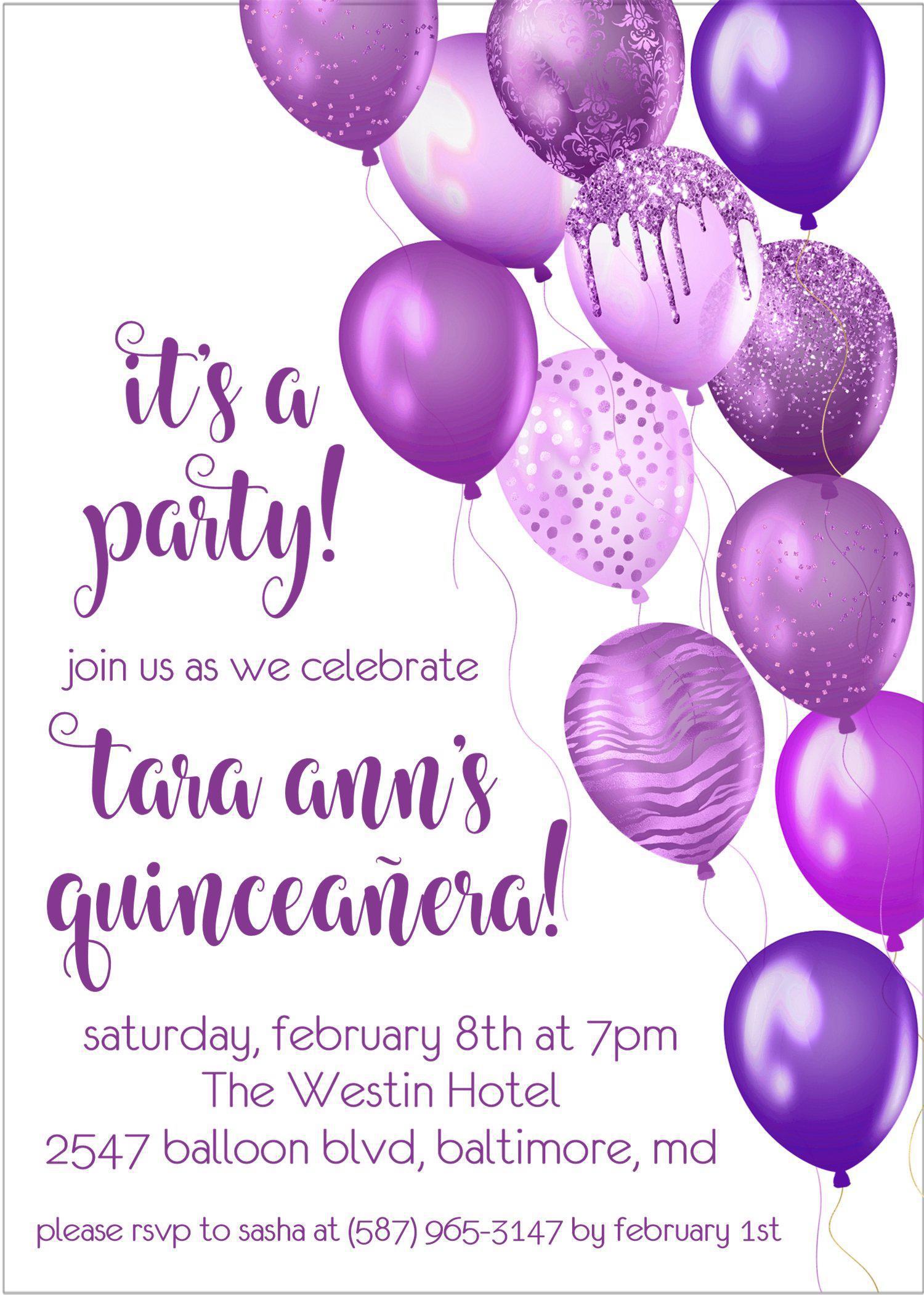Purple Balloon Quinceanera Invitations