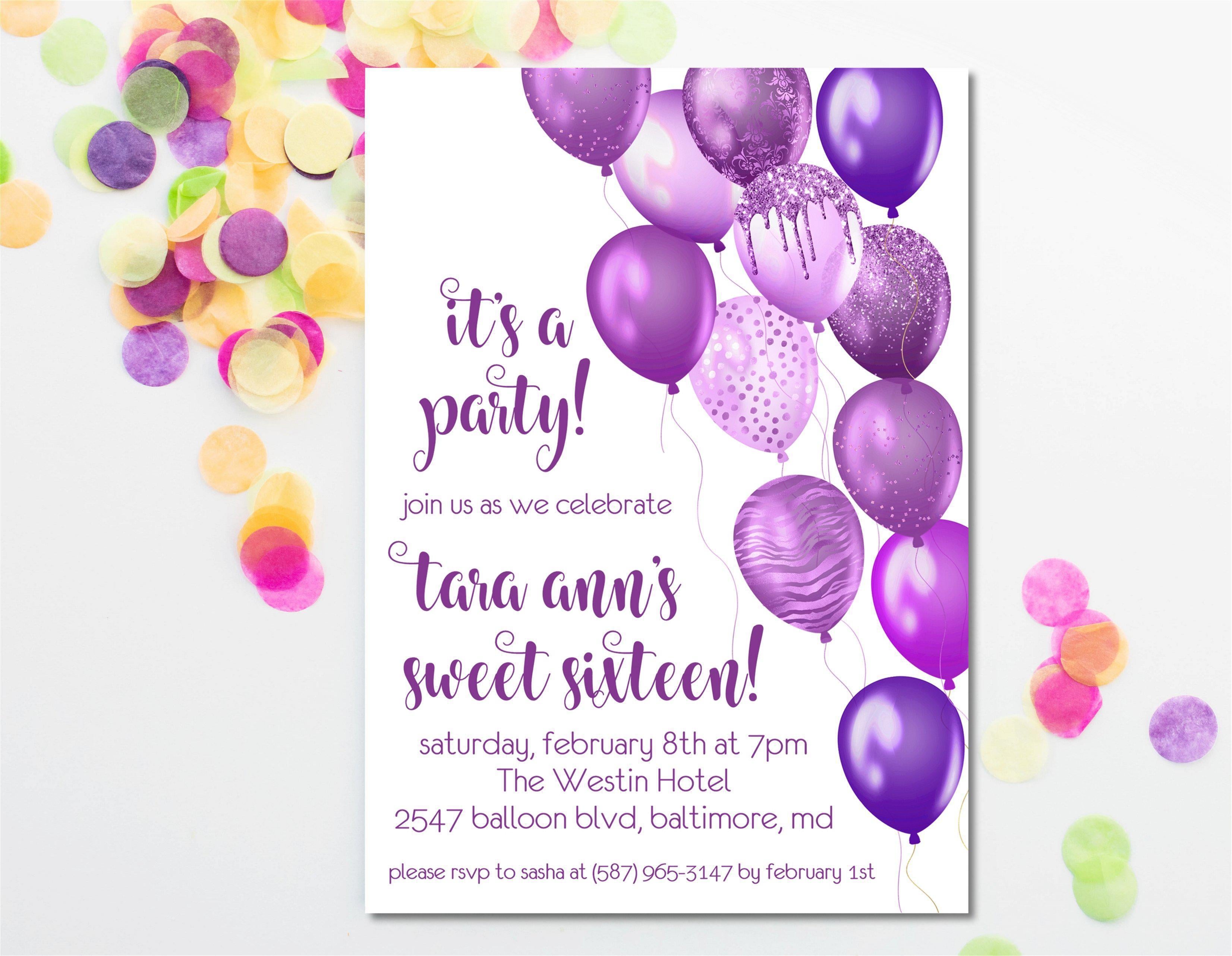 Purple Balloon Sweet 16 Party Invitations