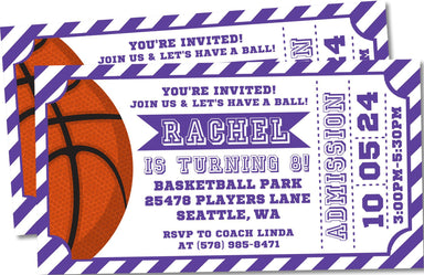 Purple Basketball Birthday Party Ticket Invitations