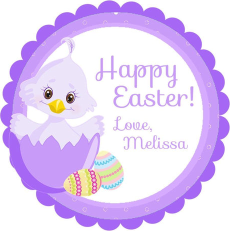 Purple Easter chick sticker with chick in cracked egg and pastel Easter eggs