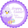 Purple Easter chick sticker with chick in cracked egg and pastel Easter eggs
