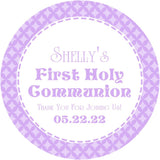 Purple First Communion sticker with name