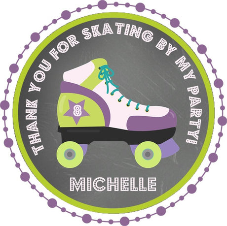 Purple and lime roller skate birthday sticker with personalized name
