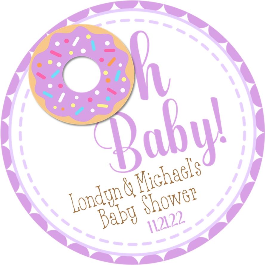 Purple donut baby shower favor label