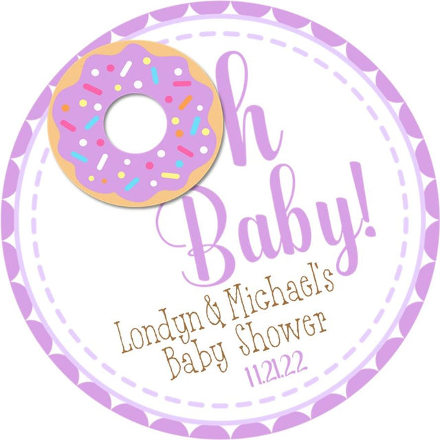 Purple donut baby shower favor label