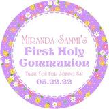 Purple floral First Holy Communion stickers for girls personalized