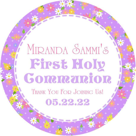 Purple floral First Holy Communion stickers for girls personalized