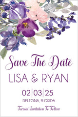 Purple garden wedding save the date cards botanical floral theme