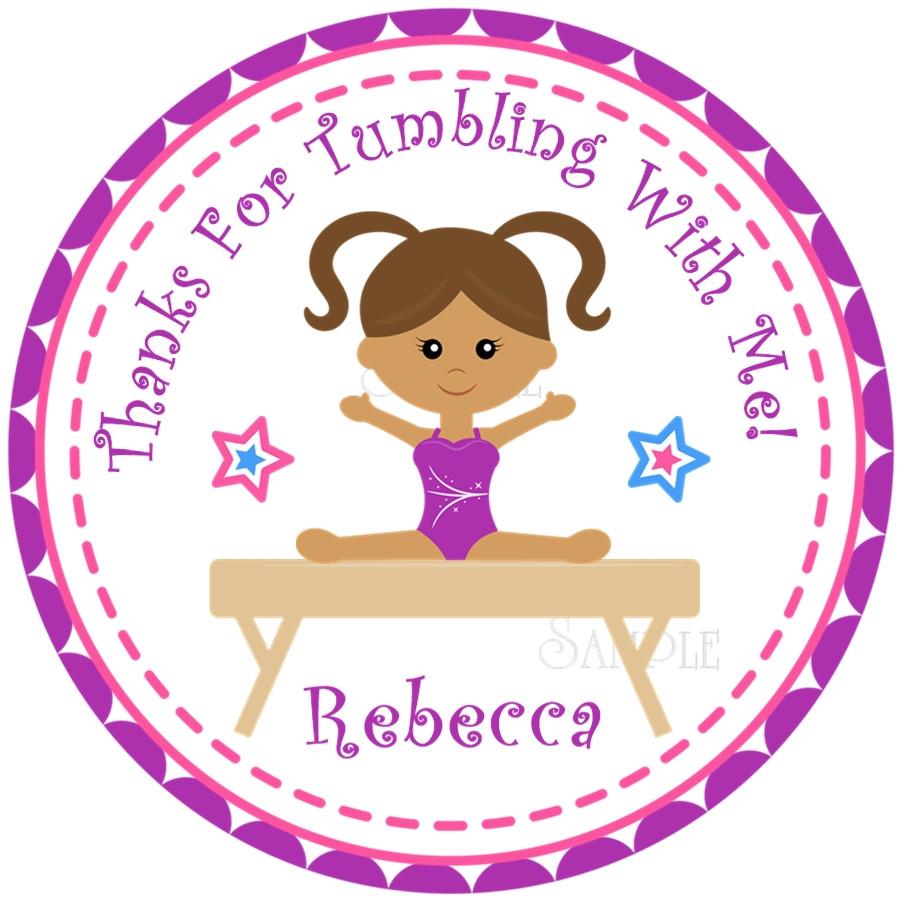 Purple gymnastics birthday sticker with girl on balance beam