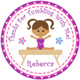Purple gymnastics birthday sticker with girl on balance beam