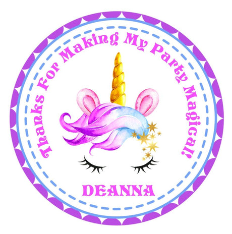 Purple magical unicorn birthday sticker with personalized name