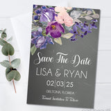 Purple pink wedding save the dates
