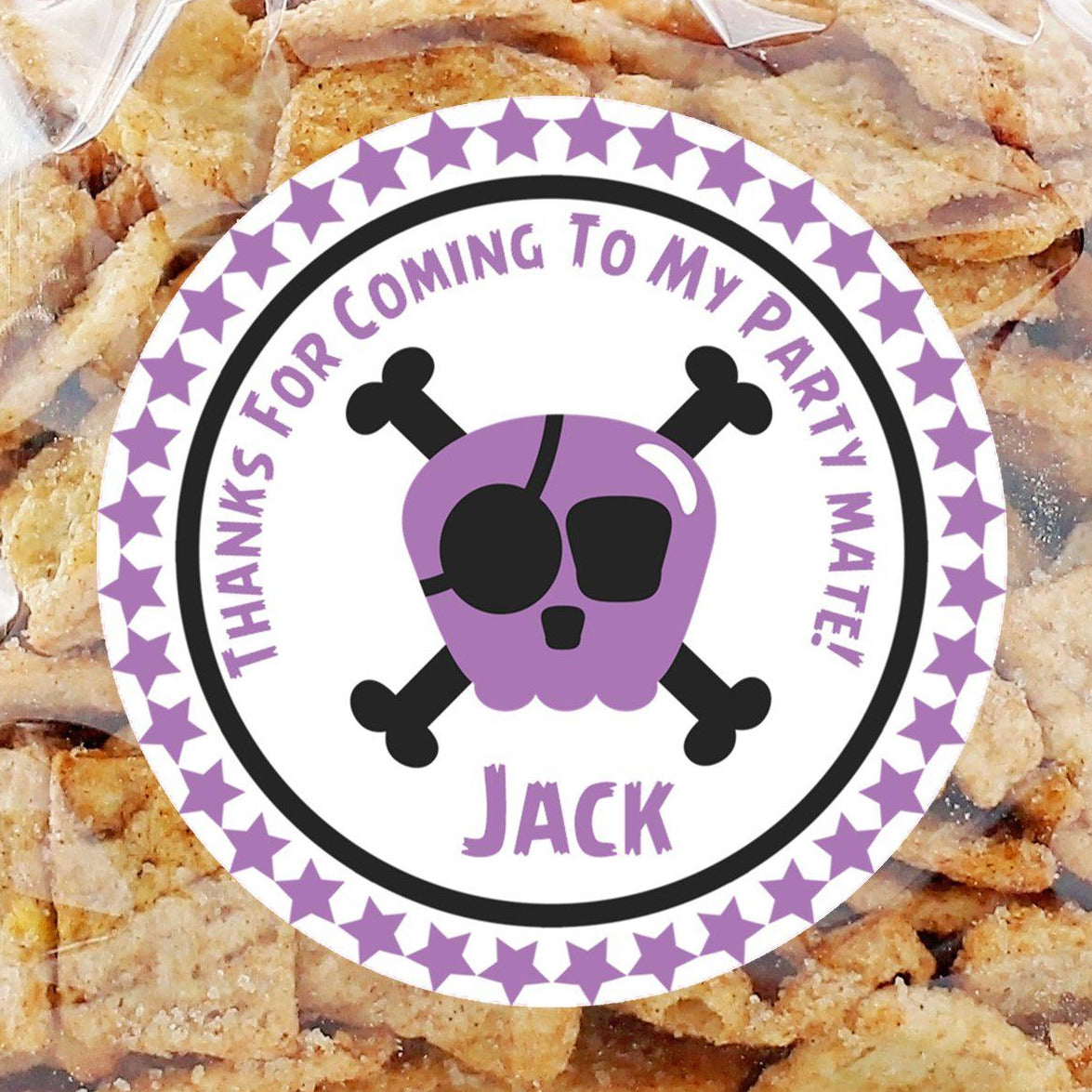 Purple pirate party favor label with star border