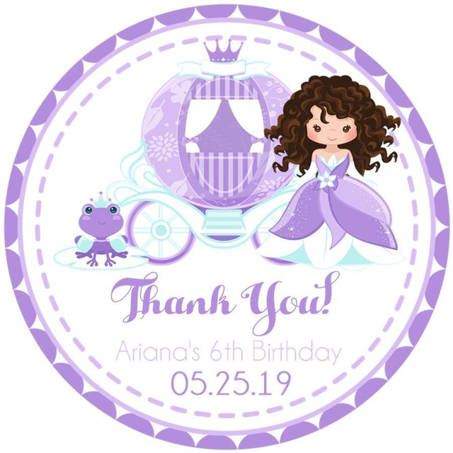 Purple princess carriage birthday sticker with customizable princess character