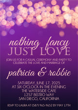 Purple wedding invitation featuring glowing string lights and romantic evening styling
