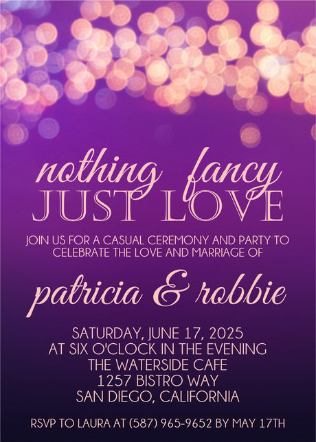 Purple wedding invitation featuring glowing string lights and romantic evening styling