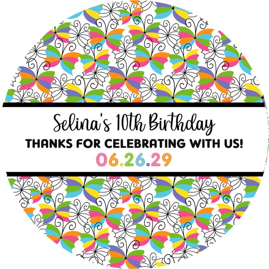 Rainbow butterfly pattern birthday sticker with personalized text