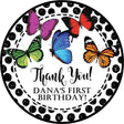 Rainbow multicolor butterfly birthday sticker with black dotted border