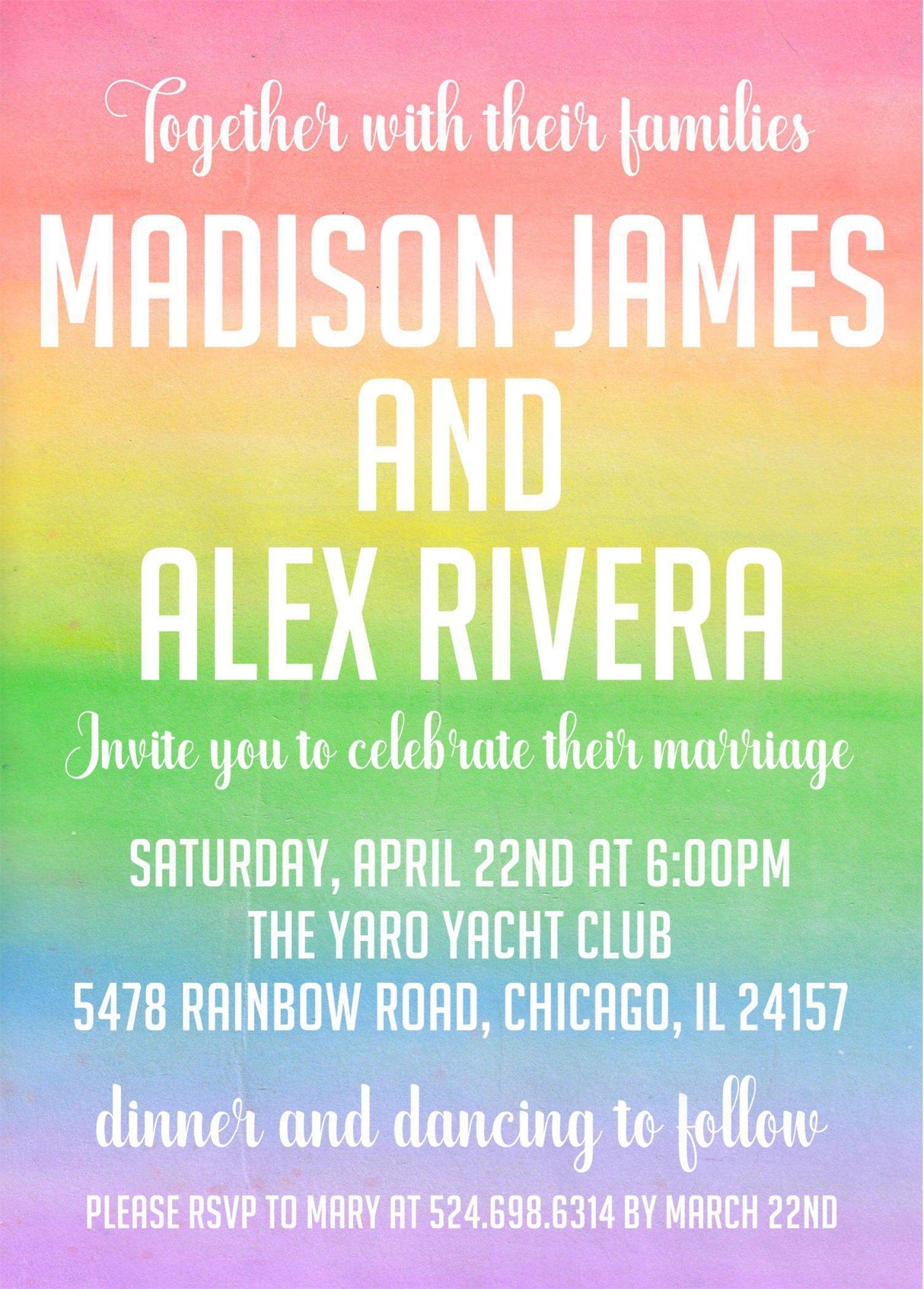 Rainbow wedding invitation featuring a colorful watercolor background and modern typography