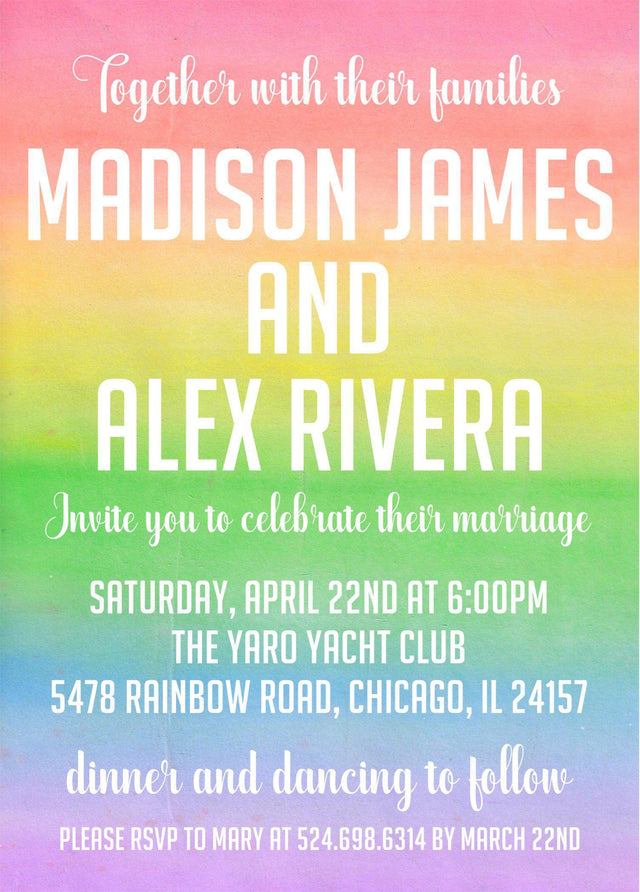 Rainbow wedding invitation featuring a colorful watercolor background and modern typography