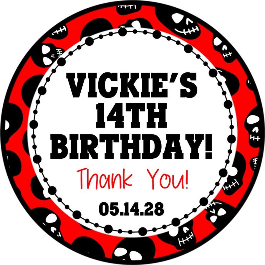 Red And Black Skull Birthday Party Stickers Or Favor Tags