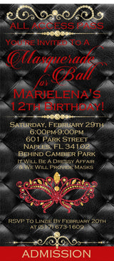 Red Masquerade Ball Birthday Party Ticket Invitations