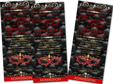 Red Masquerade Ball Birthday Party Ticket Invitations