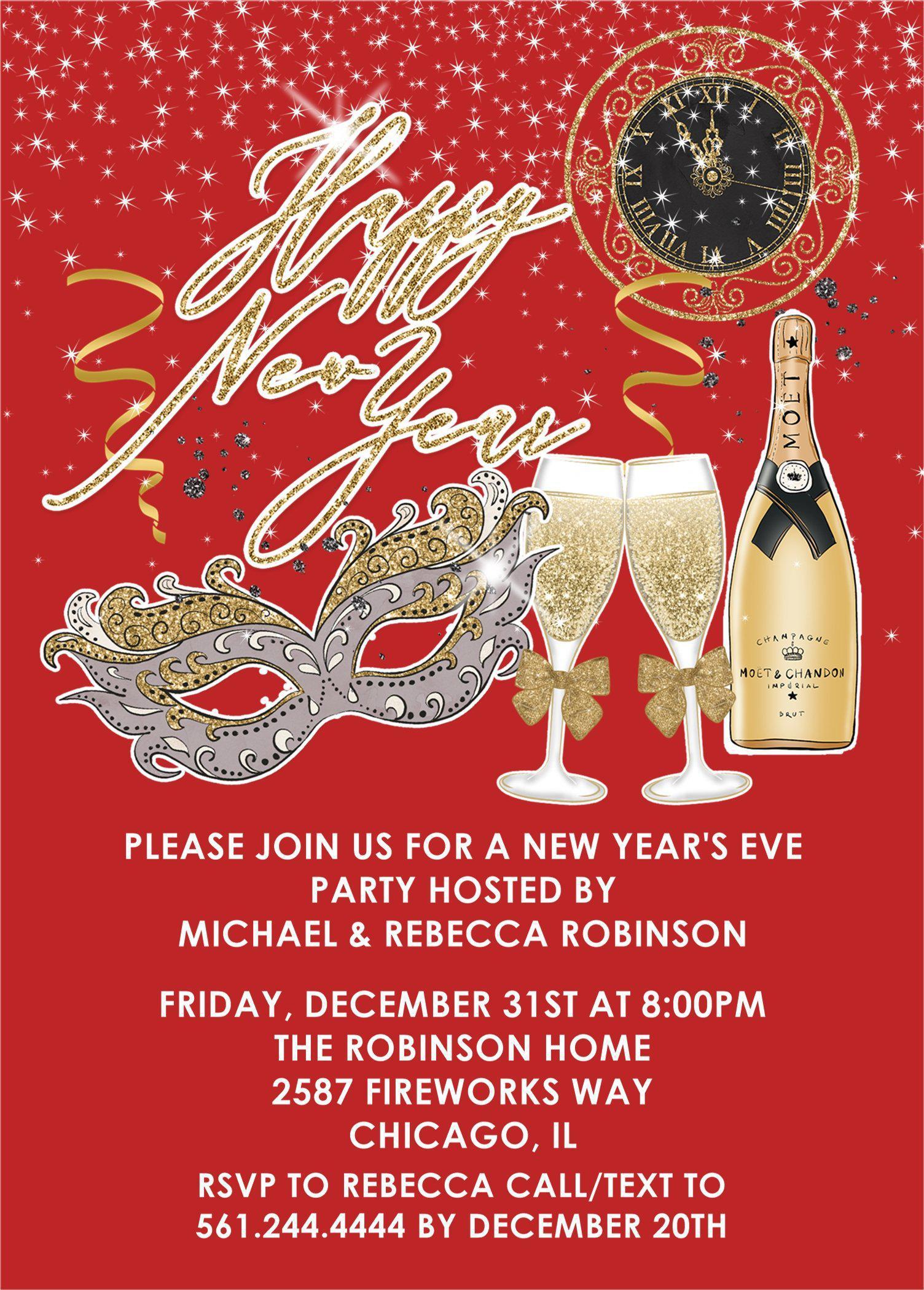 Red, Silver And Gold New Years Eve Party Invitations