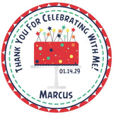 Red and blue birthday cake sticker with colorful stars