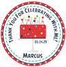Red and blue birthday cake sticker with colorful stars