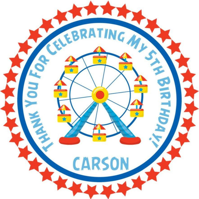 Red and blue carnival themed ferris wheel favor label