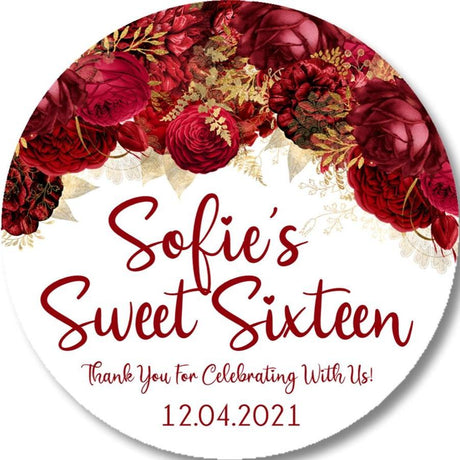 Red and gold floral Sweet 16 party sticker