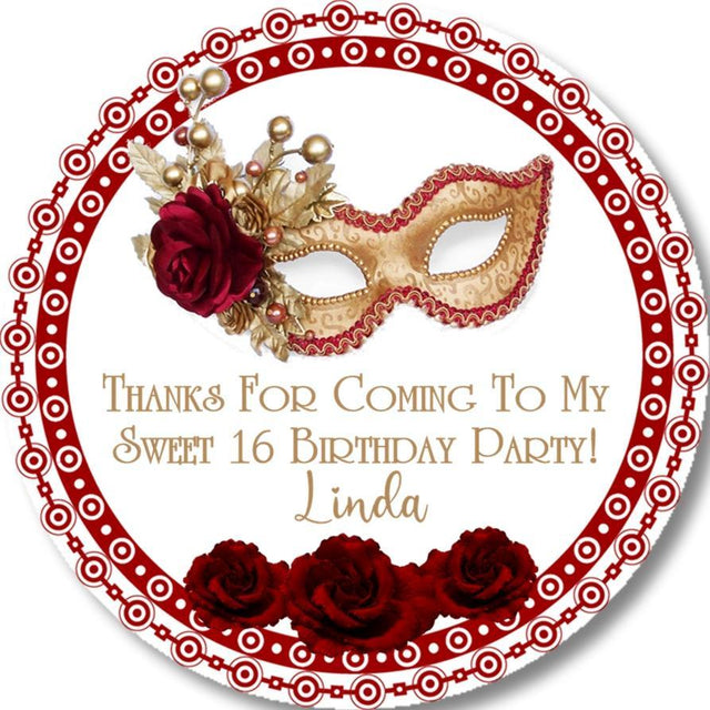 Red and gold masquerade Sweet 16 sticker with roses