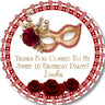 Red and gold masquerade Sweet 16 sticker with roses