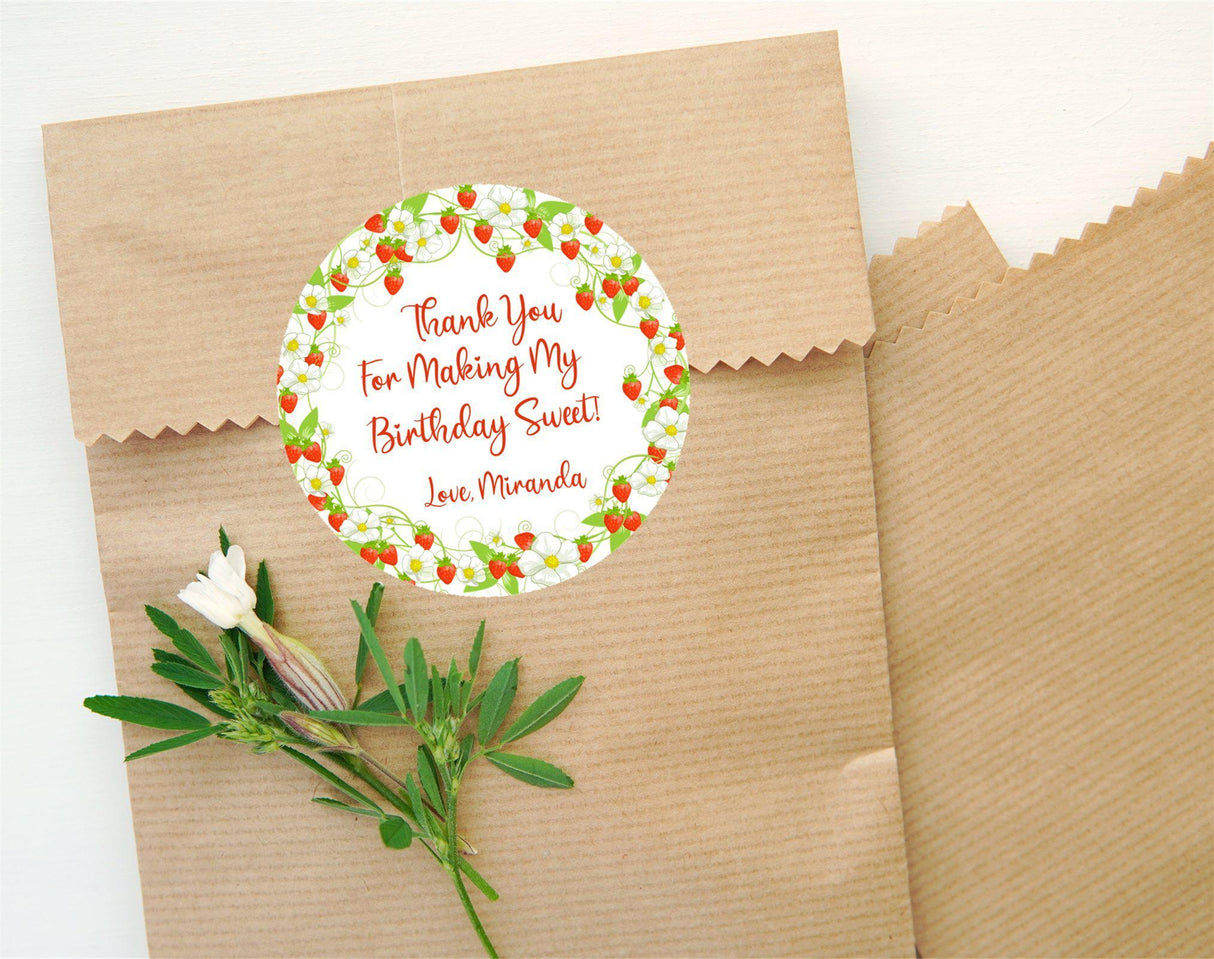 Red and green strawberry party favor label