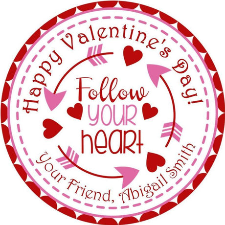 Red and pink Follow Your Heart Valentine sticker with arrow accents